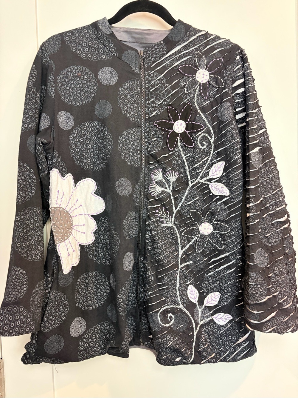 Handmade Artisan Patchwork Embroidered Zip Jacket Boho Wearable Art Medium